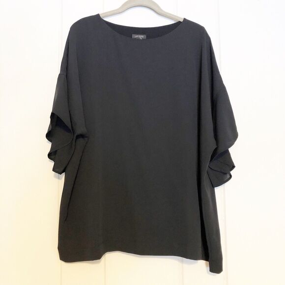 J Jill Wearever Black Blouse Short Ruffled Sleeves Boxy Boat Neck Lined Large - Picture 1 of 11